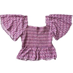 Simply Southern Smocked Peasant Blouse Pink Paisley Flutter Sleeve‎ Size XL